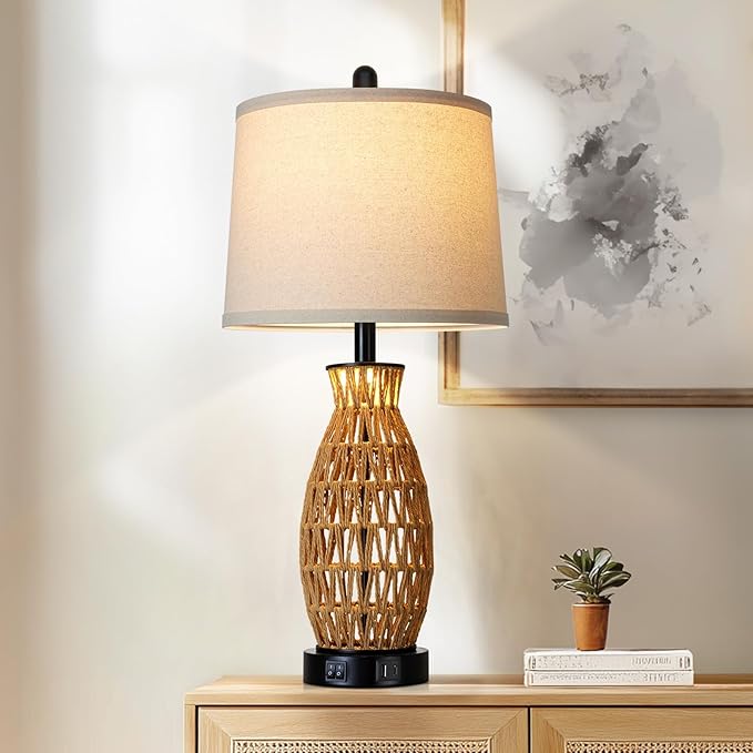 CINSARY 27" Boho Rattan Table Lamp Single with Night Light, Handwoven Wicker Bedside Lamp with USB A+C Charging Port, Woven Coastal Bedroom Lamps for Night stand, Beach Living Room Lamps for End Table