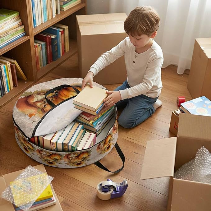 Thanksgiving Sunflowers Round Storage Bag 24 Inch, and Pumpkin with Squirrel Beige Clothes Storage Container with Handles Heavy Duty Organizer for Comforter, Bedding & Holiday Wreaths