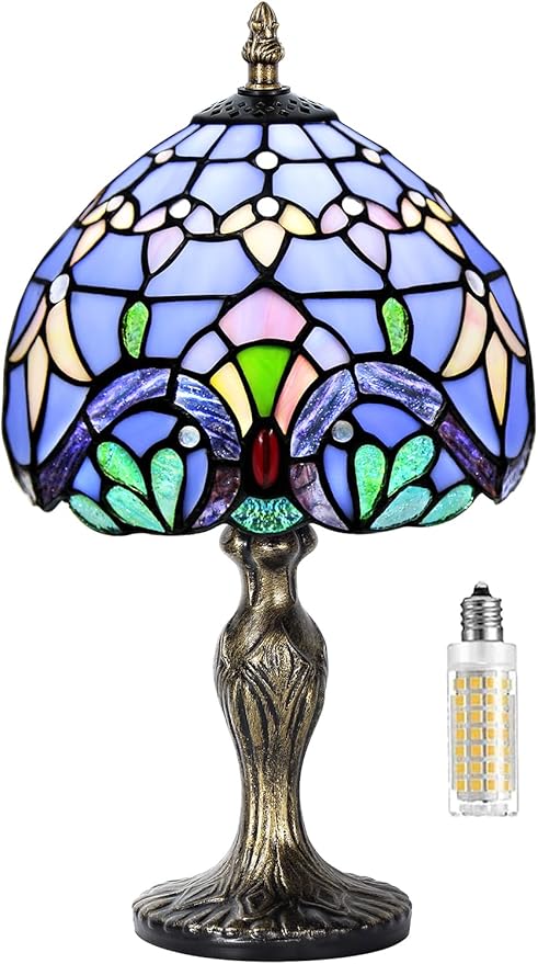 MIAOKE Stained Glass Table Lamp,Stained Glass Crystal Bead Style Table Light,Handmade Desk Bedside Night Light,Antique Art Craft Gifts Lover Living Room Bedroom Bookcase (Blue Baroque)