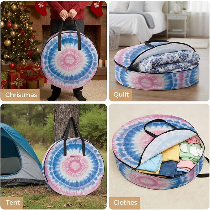 Storage Bag Blue Pink Tie Dye Round Storage Totes Bins Closet Organizers with Zippers & Handle Bohemian Tribal Style Clothes Storage Container for Bedroom Dorm Space Saving Packing Supplies Bags