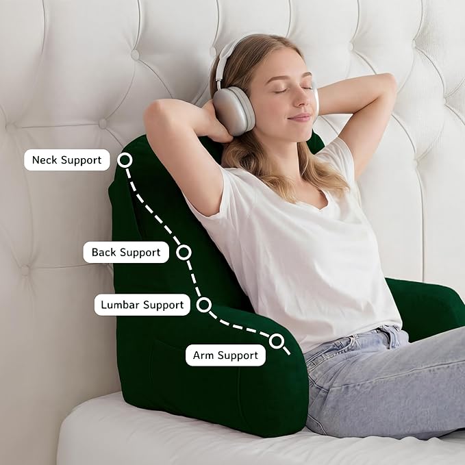 Unisakey Portable Comfy Reading Pillows for Bed Sitting Up(Dark Green Oeko-Tex), Velvet Back Pillow with Arms & Pockets for Adults, Support Memory Foam Bed Pillow for Dorm/Reading/Watching/Gaming