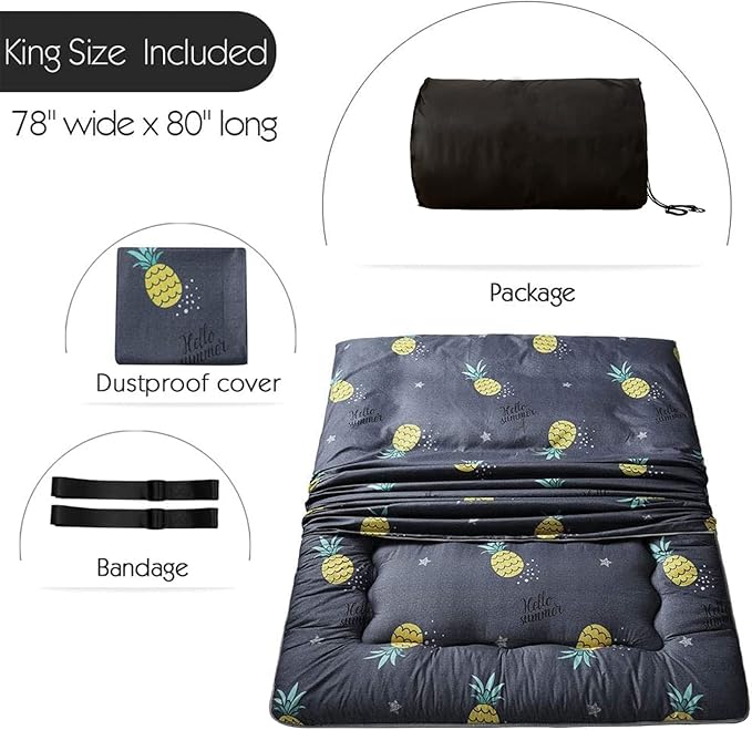 MAXYOYO Grey Pineapple Japanese Floor Futon Mattress, Tatami Mat Portable Camping Mattress Kids Sleeping Pad Foldable Roll Up Floor Lounger Couch, King Size