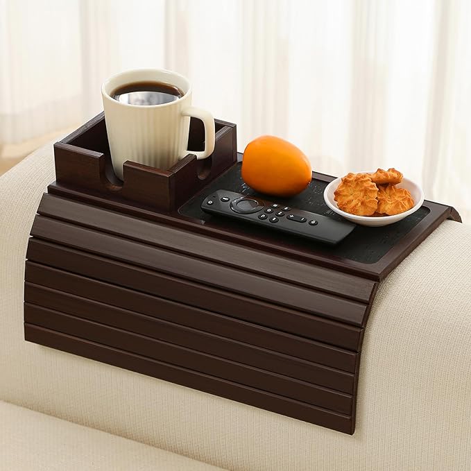 Bamboo Couch Cup Holder Arm Tray Table with Anti-Slip Cork Pad，Couch Drink Holder，Sofa Cup Holder Armrest Tray，Foldable Arm Chair Table Recliners for Drink, Cups, Eats，Snacks, Phone, Remote (Mahogany)