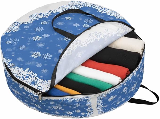 Christmas Dreamlike Round Storage Bag 36 Inch, Winter Snowflake Blue Background Clothes Storage Container with Handles Heavy Duty Organizer for Comforter, Bedding & Holiday Wreaths