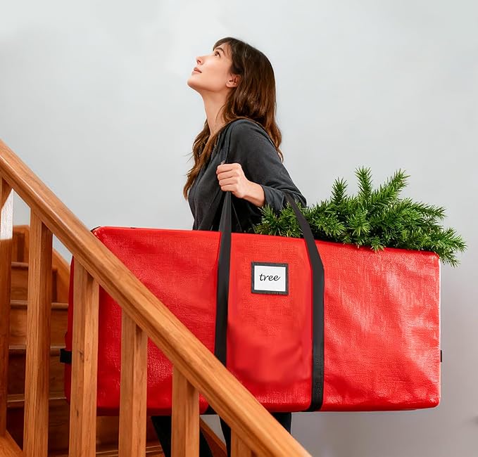 HABGP 9 ft Christmas Tree Storage Bag, Fits Artificial Xmas Holiday Tree, Durable Christmas Tree Storage Box Waterproof Material with Zippered Bag & Carry Handles, Protects from Dust, Moisture - Red