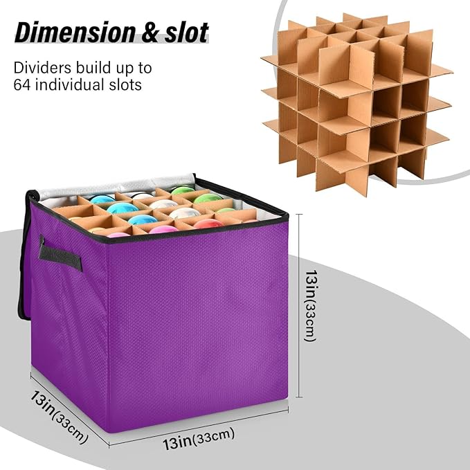 Purple Christmas Ornament Storage Basket Box Holiday Storage Container Cube with Adjustable Dividers for 64 Holiday Ornaments or Decorations Keeps Clean and Dry for Next Season