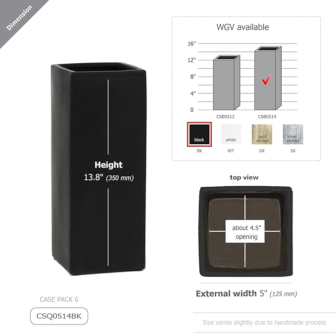 WGV Ceramic Block Vase Bulk, 5" W x 14" H, (Multiple Size/Color Choices) Matte Tall Square Flower Planter Pot, Accents Home Office Tabletop Decor, Ideal Gifts Black 6 Pieces (CSB0514BK)