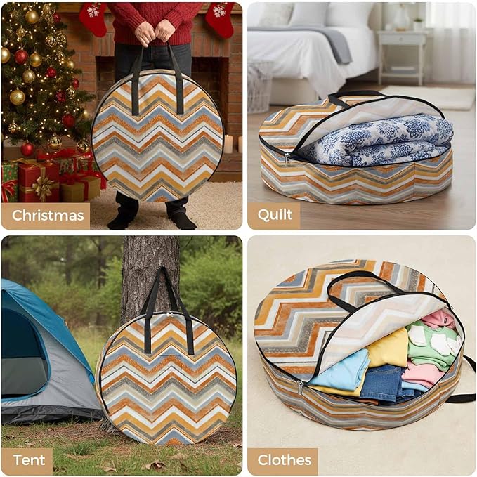Storage Bag Orange Grey Chevron Round Storage Totes Bins Closet Organizers with Zippers & Handle Geometric Design Stripe Clothes Storage Container for Bedroom Dorm Space Saving Packing Supplies Bags