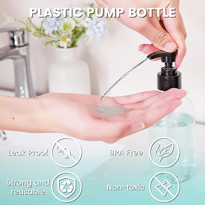 Teyssor Pump Bottle Dispenser Clear 2 Pack 400ml/13.5oz Empty Plastic Liquid Soap Dispensers, BPA-Free Refillable Container for Essential Oil Shampoo Lotion