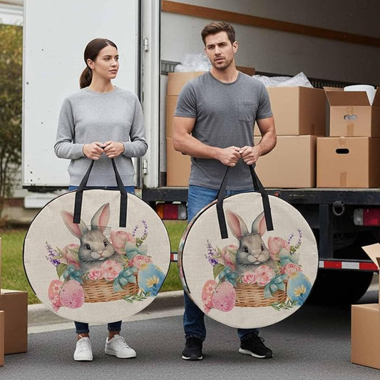 36 Inch Round Storage Bag 2 Pack,Easter Egg Cute Bunny on Basket Waterproof Wreath Storage Container with Handles&Zipper Colorful Flower on Burlap Closet Organizer Bags Garland Box