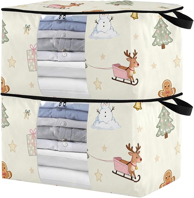 2 Pack Bed Sheet Storage Bags Stackable Storage Closet Foldable Closet Shelving Organizer Storage Box Christmas Tree Snowman Pink