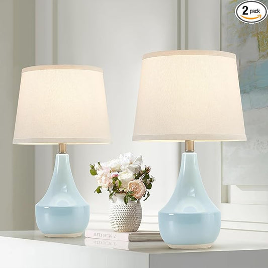 GyroVu 18" Table Lamp Set of 2, Ceramic Lamp Classic Beside Lamps Nightstand Lamp Modern Cute Lamp for Living Room, Bedroom & Office Rocker Swtich Sky Blue-LED Bulbs Included