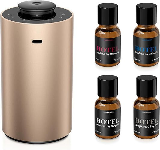 Airversa Waterless Essential Oil Diffuser Starter Kit with 4x10mL Hotel Fragrance Oils for Car Home Office, Premium Aluminum Housing, Aroma Nebulizer Baterry Operated, ANX Kit-D Desert Titanium