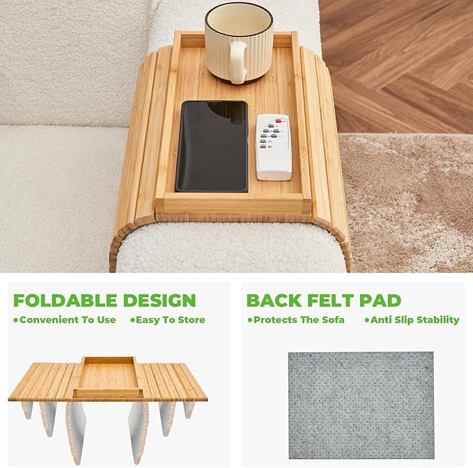 LOVYANXUE Bamboo Sofa Arm Tray, Anti Falling Couch Arm Tray Table, Foldable Couch Armrest Table, Portable Sofa Armrest Trays Cup Holder for Drink, Cups, Phone, Snacks, Remote