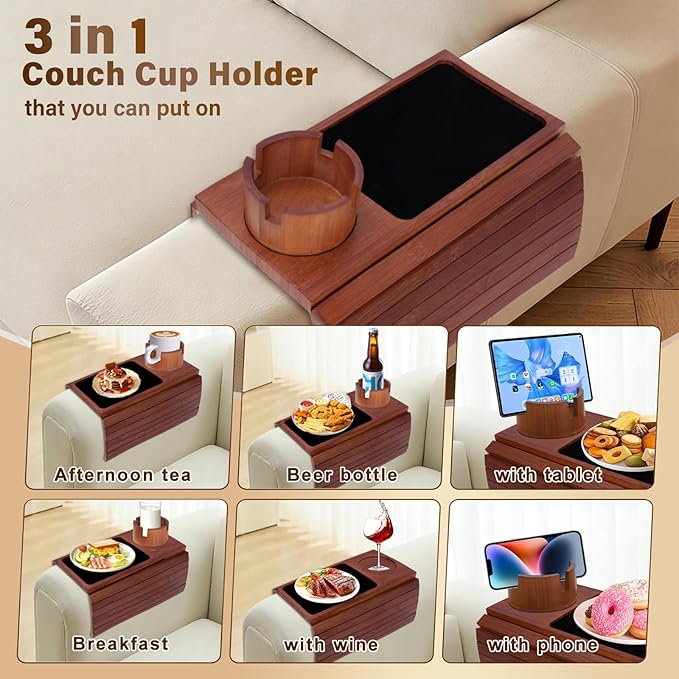Couch Cup Holder Tray, 3-in-1 Bamboo Couch Armrest Table with 360° Rotating Magnetic and Detachable Phone Holder Stand, Foldable Anti-Slip Sofa Arm Tray for Remote, Phone, Snacks and Drinks