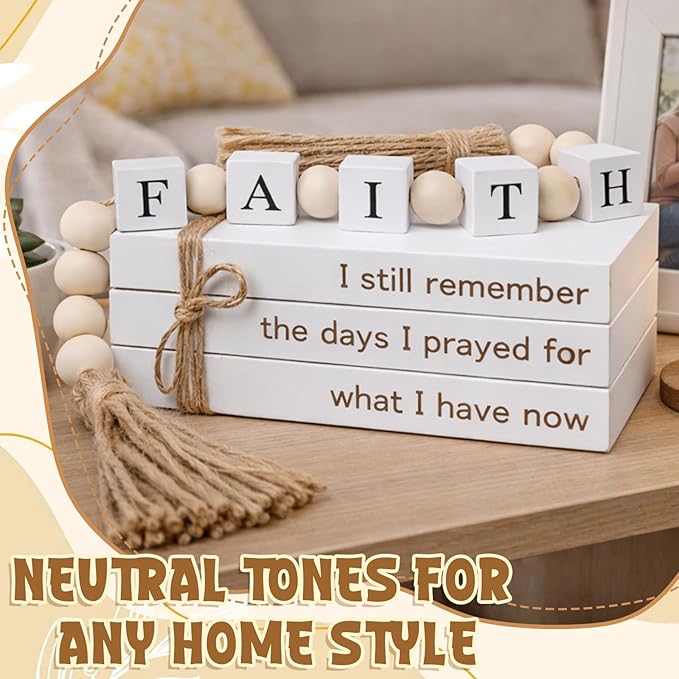 Farmhouse White Fake Decorative Books for Home Office Decor - Religion Christian Faith Aesthetic for Living Room, Console Table, Bookshelf, Tv Stand, Entryway,