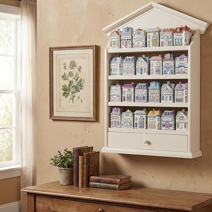 Chunful Vintage Spice Jar Wooden Rack with 4 Shelves and Drawer Hanging Spice Rack Wall Mounting Kitchen Storage Village Style Display Shelf for 24 Jars, Shelf Only(Stylish)