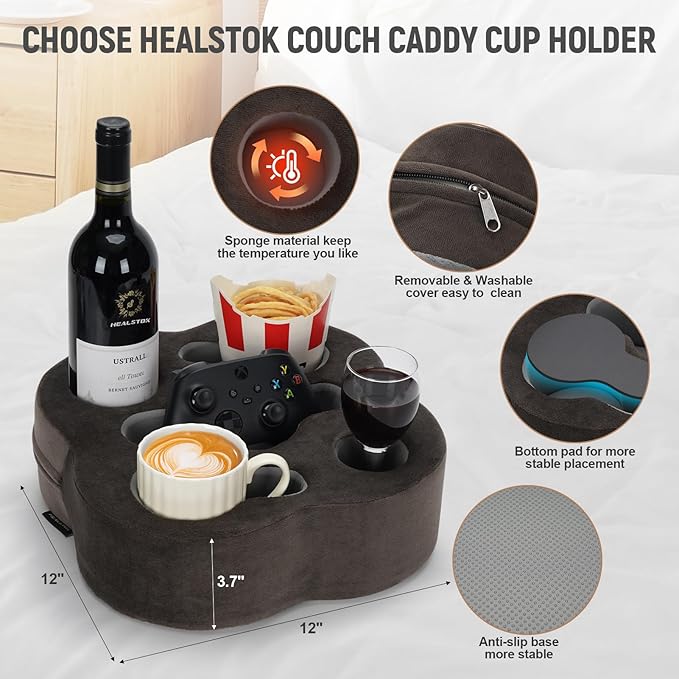 Couch Cup Holder Pillow, Sofa Organizer Caddy Bed Refreshment Tray for Drinks, Remotes, Phones, Snacks (Soot)