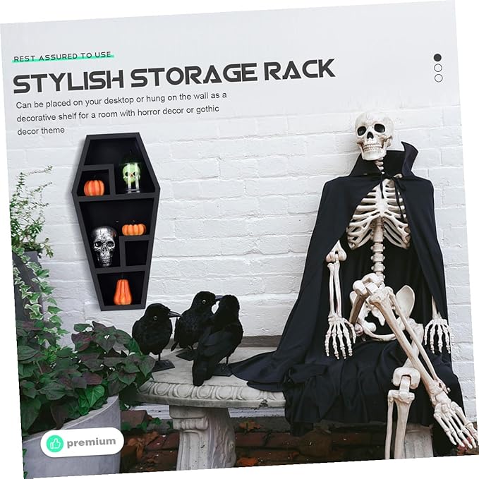 VICASKY Spooky Coffin Shelf Gothic Sundries Rack for Halloween Decor Lightweight Compartment Display for Candles Books and Figurines Unique Prank Haunted House Prop