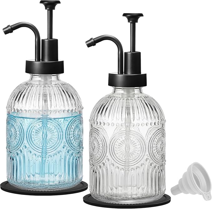 SheeChung 12Oz Vintage Glass Bathroom Soap Dispenser, Kitchen Dish Soap Dispenser with Pump, Refillable Liquid Hand Soap Bottle, Lotion, Antique Rustic Farmhouse Decor (Clear-Black Pump, 2 Pack)