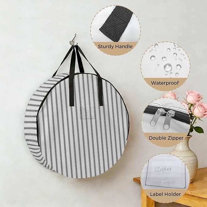 24 Inch Round Storage Bag 1 Pack,Grey White Stripes Modern Minimalism Waterproof Wreath Storage Container with Handles&Zipper Geometric Striped Art Closet Organizer Bags Garland Box