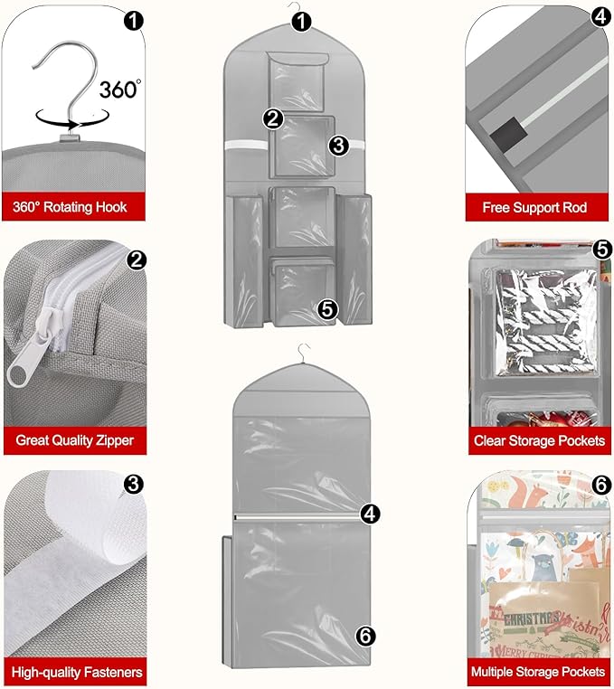 Woodoulogy Hanging Gift Wrapping Paper Storage, 48x24 (Extra Large) Grey Double-Sided Christmas Wrapper Bag Container, Oxford Long Craft Roll Organizer, Present Wrap Holder for Closet, Door