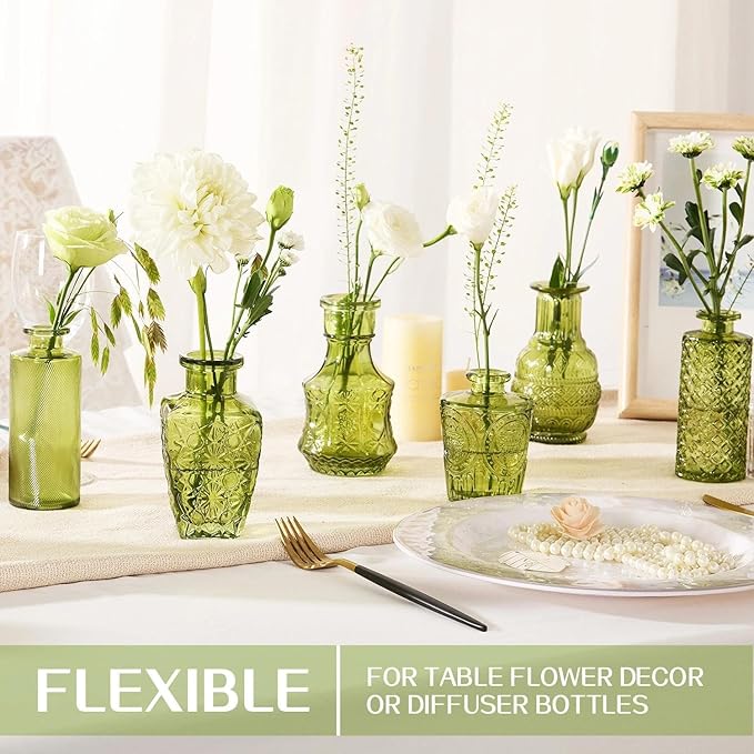 Mini Bud Vases Centerpieces for Tables,Clear Bud Vases for Flowers,Small Flower Vases Suitable for Birthday Party,Anniversary,Wedding Reception,Baby Shower (Green, 12PCS)