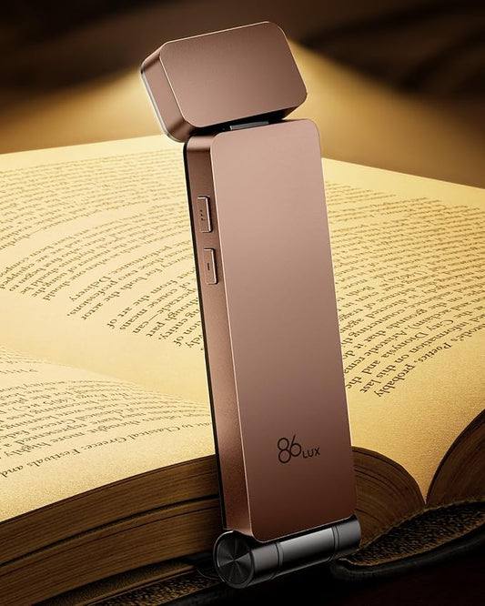 86lux Book Light, Rechargeable Clip-On LED Reading Light for Bed & Night Use - 3 Color Temperatures with Stepless Dimming, Ultralight Bookmark Design for Kids, Book Lovers, Pink Brown