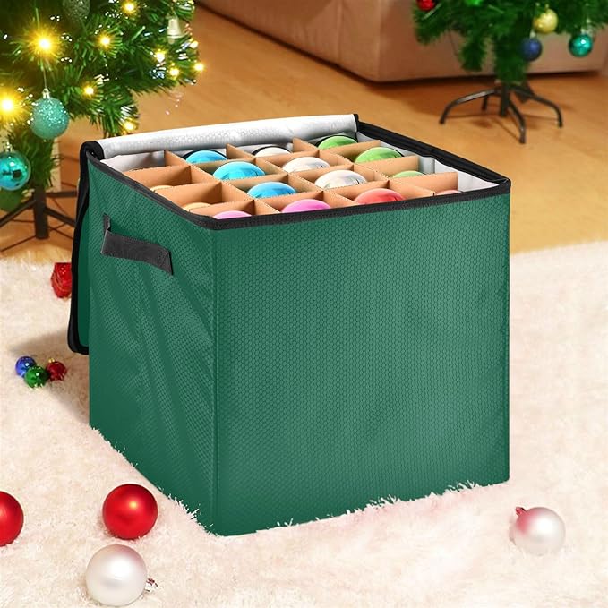 Dark Green Christmas Ornament Storage Basket Box Holiday Storage Container Cube with Adjustable Dividers for 64 Holiday Ornaments or Decorations Keeps Clean and Dry for Next Season