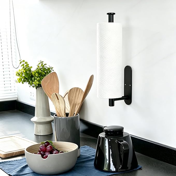 Paper Towel Holder Under Cabinet - Self Adhesive Paper Towel Roll Holder Wall Mount, Matte Black Stainless Steel Towel Paper Holder for Kitchen, Bathroom, Cabinets