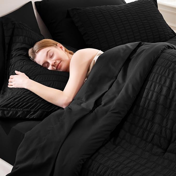 CozyLux Oversized Queen Comforter Set Black Seersucker 7 Pieces 98x98 Bed in a Bag Comforter Set with Sheets, Luxury Soft Bedding Sets with Down Alternative Comforter, Sheets, Pillowcases & Shams