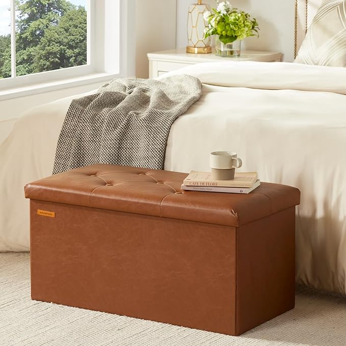 HAUSFRAU - Storage Ottoman Bench, 30 Inches Button Tufted Upholstered Ottoman Footstool with Storage for Living Room Bedroom Entryway, Load 660 lb, Synthetic Leather, Brown