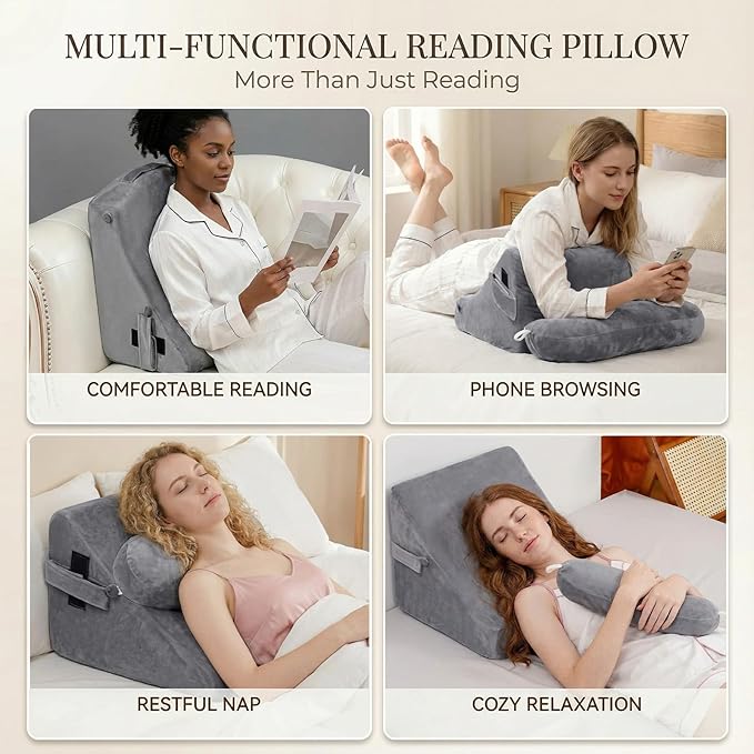 AS AWESLING 21 INCH Reading Pillow for Adults, Back Pillow for Bed Sitting Up, Backrest Pillow for Sitting in Bed, Detachable Arms with Built-in Cup & Phone Caddy (Gray, 21 INCH)