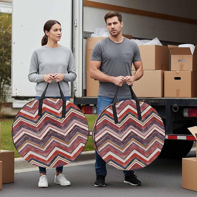 Storage Bag Red Grey Chevron Round Storage Totes Bins Closet Organizers with Zippers & Handle Geometric Design Stripe Clothes Storage Container for Bedroom Dorm Space Saving Packing Supplies Bags