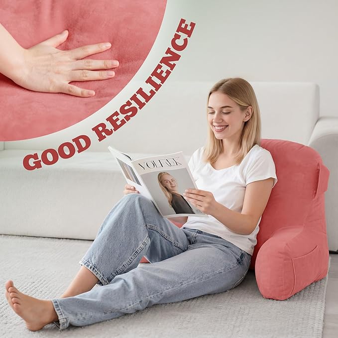 Unisakey Portable Comfy Reading Pillows for Bed Sitting Up(Dark Pink Oeko-Tex), Velvet Back Pillow with Arms & Pockets for Adults, Support Memory Foam Bed Pillow for Dorm/Reading/Watching/Gaming