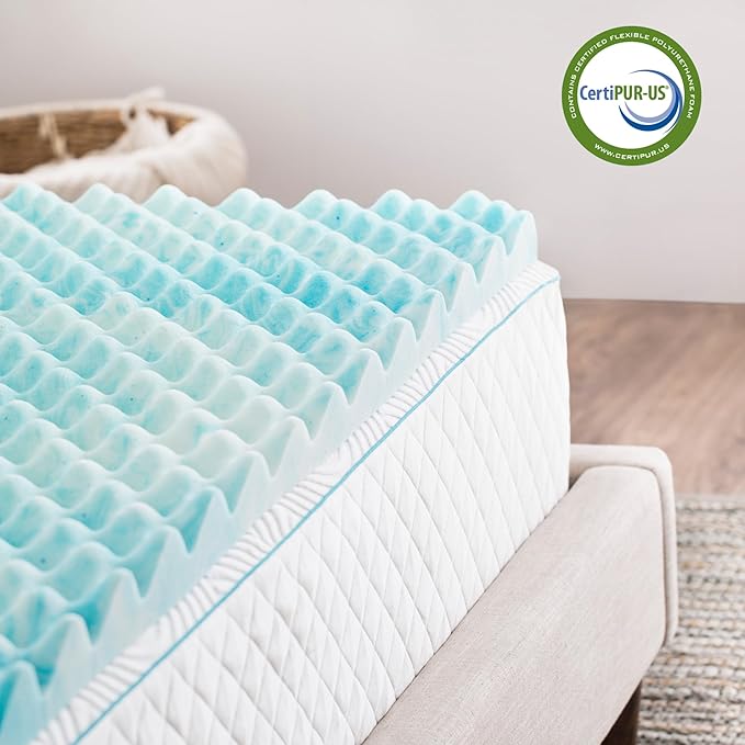 Linenspa 3 Inch Gel Memory Foam Mattress Topper – Egg Crate Style, Reversible for two feels – Promotes Airflow & Relieves Pressure Points – King