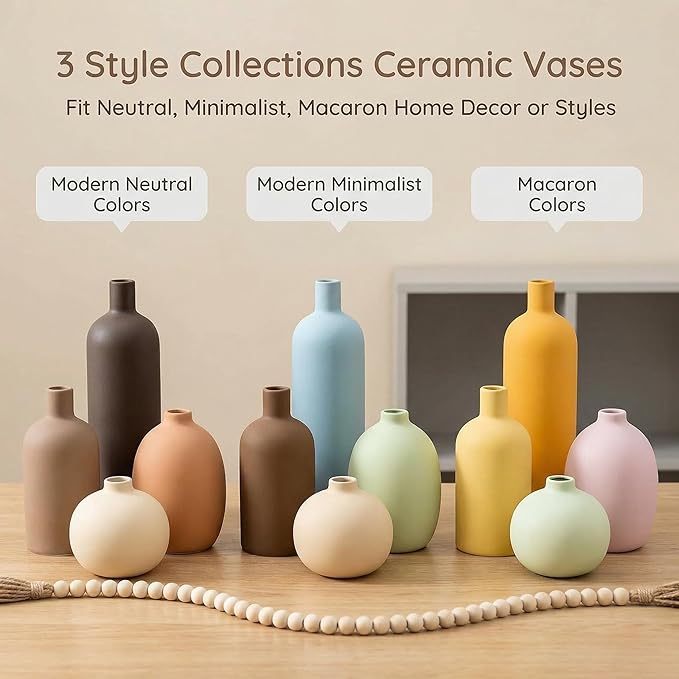 Macaron Ceramic Vase Set of 4, Modern Colors Home Decor, Rustic Farmhouse Decorative Flowers Vases for Bouquet, Pampas | Table Mantel Centerpiece Bookshelf Living Room Bedroom (Rustic Mix Set of 4)