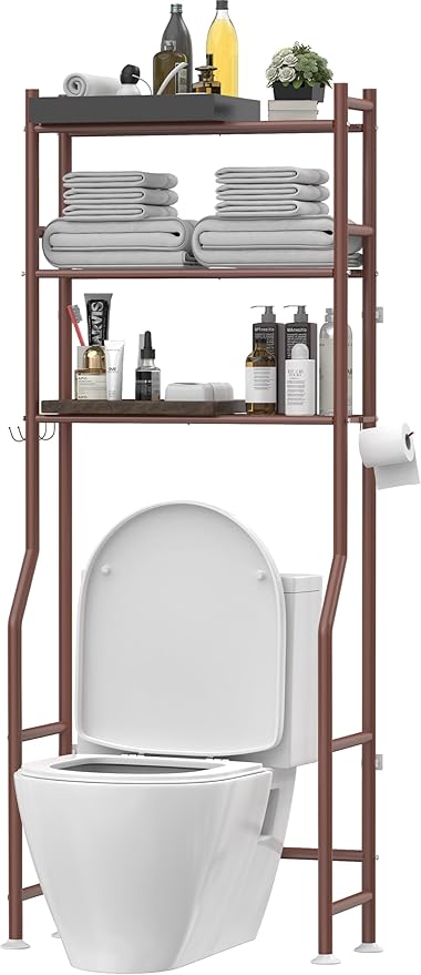Livilord 3-Tier Over The Toilet Storage, Freestanding Metal Bathroom Shelves with 4 Hooks, Over Toilet Storage Shelf with Paper Holder, Above The Toilet Shelf for Bathroom Storage, Bronze