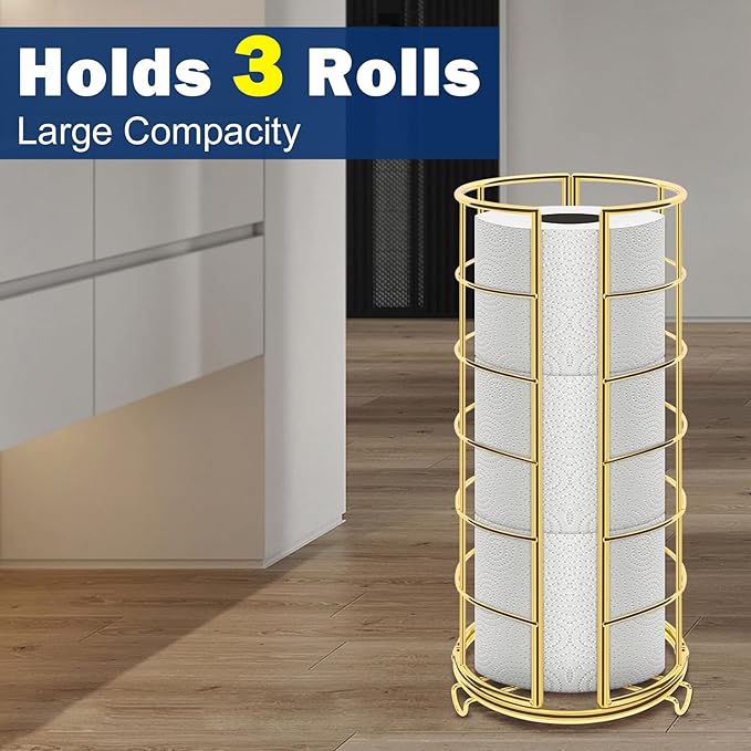 NearMoon Toilet Paper Organizer Stand, Free Standing 3 Rolls Tissue Storage, Metal Bathroom Accessory, Rustproof Toilet Roll Holder for Kitchen Countertop Inside Cabinet Shelf(Metal Base, Gold)