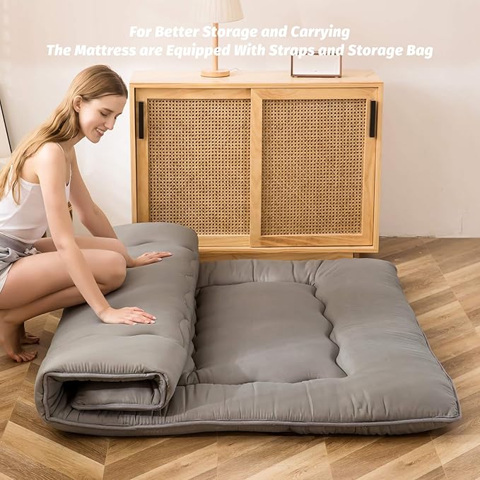 MAXYOYO Japanese Floor Mattress Futon Mattress, 4" Thicken Tatami Mat Sleeping Pad Foldable Roll Up Mat Boys Girls Dormitory Pad Kids Floor Lounger Pillow Couch, Charcoal Grey, Queen Size