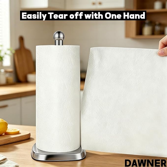DAWNER Secure Grip Paper Towel Holder Countertop, Easy to Tear with One-Hand, Stainless Steel Paper Towel Stand, Dual-Weighted Suction Base for Kitchen & Bathroom‌