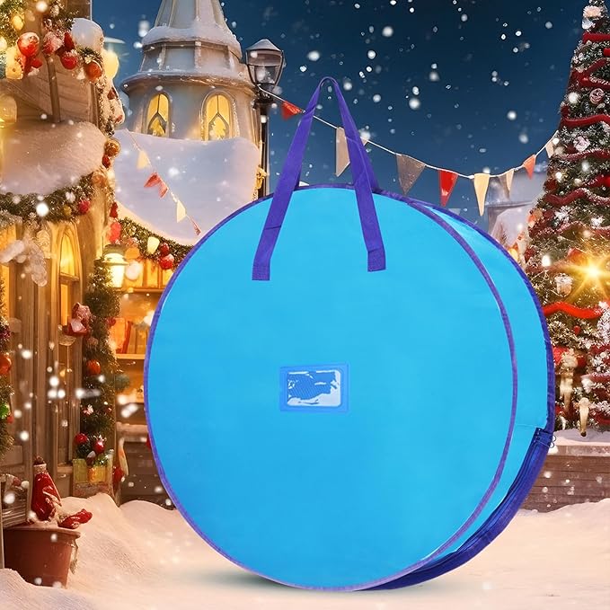 YAYODS 4 Pack Wreath Storage Container 24 Inch Christmas Wreath Storage Bag, 420D Oxford Wreath Holder with Zipper and Handles for Xmas Holiday, Decorations (Blue)