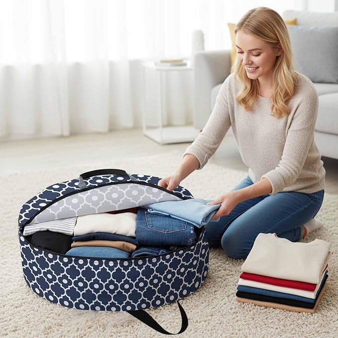 Storage Bag Moroccan Design Round Storage Totes Bins Closet Organizers with Zippers & Handle Geometric Art Clothes Storage Container for Bedroom Dorm Space Saving Packing Supplies Moving Bags