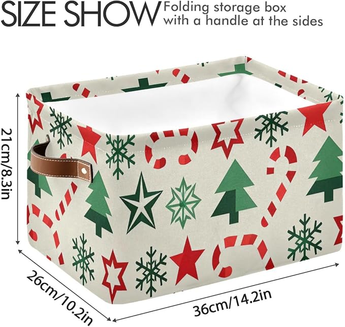 Christmas Storage Baskets, Canvas Fabric Bins with Holiday Pattern, Collapsible Organizer with Handles, 14.2x10.2x8.3 Inches
