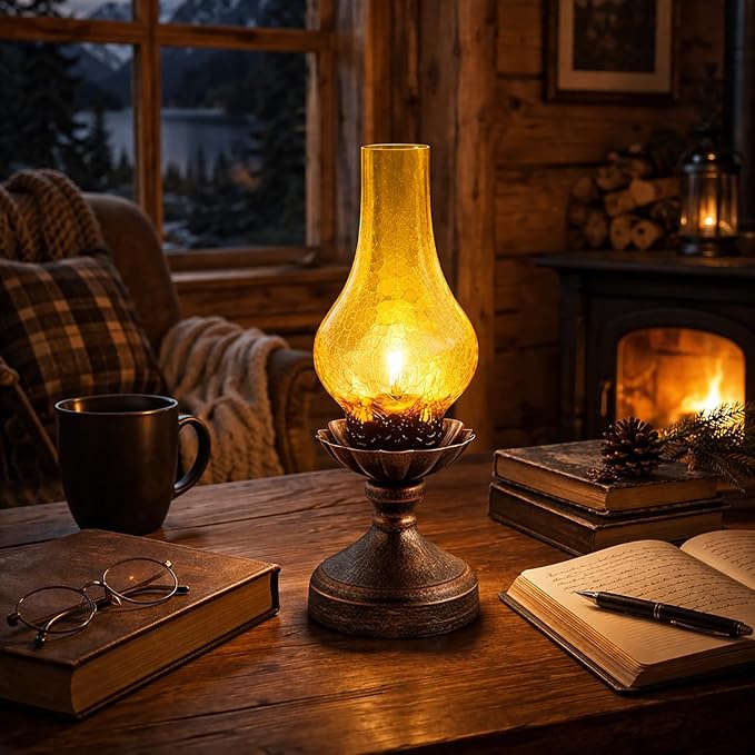 Touch Control Vintage Table Lamp | 3-Way Dimmable Rustic Retro Farmhouse Bedside Lamp with Amber Glass Shade and LED Bulb for Bedroom, Living Room, Cabin, Office
