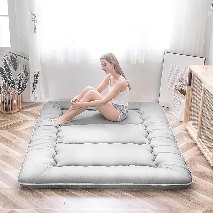 MAXYOYO Japanese Floor Mattress, Thicken Futon Sleeping Pad Foldable Roll Up Mattress Boys Girls Dormitory Floor Lounger Cushion and Sofas, Grey, Twin Size