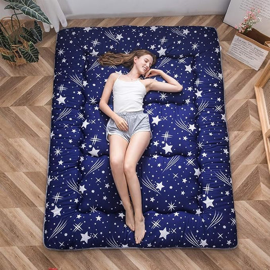 MAXYOYO Navy Starry Sky Japanese Floor Futon Mattress, Tatami Floor Mat Portable Camping Mattress Kids Sleeping Pad Foldable Rolling Up Floor Lounger Couch Queen with Mattress Protector Cover