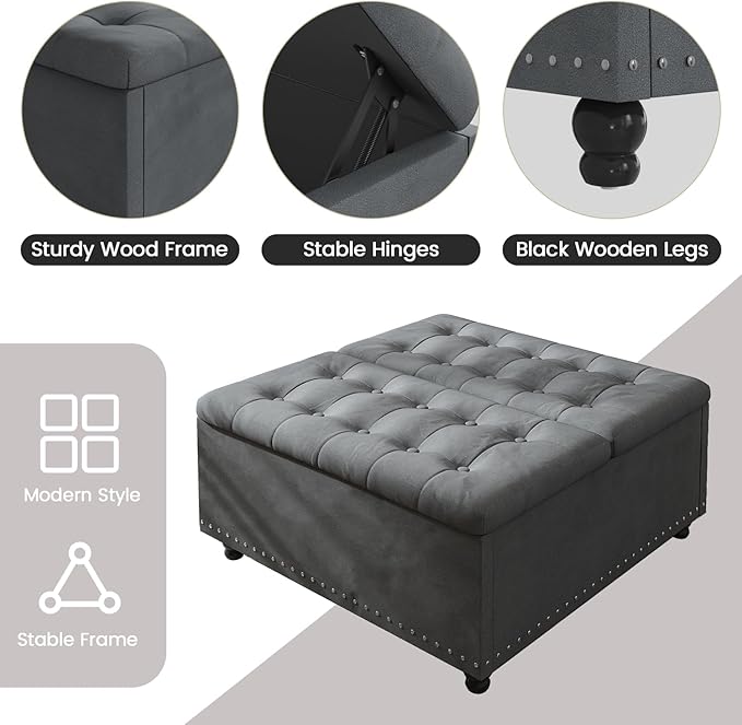 FUXA 35 Inch Large Square Ottoman with Storage, Oversized Ottoman Coffee Table with Lift Top and Wood Legs, Tufted Upholstered Storage Ottoman Bench for Living Room (Gray)