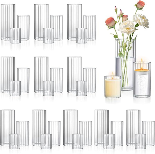 36 Pack Ribbed Glass Cylinder Vases 4,6,10 Inch Tall Clear Flower Vase Hurricane Floating Candle Holder for Table Centerpiece Wedding Home Decor