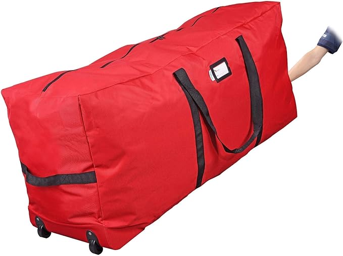 Primode Christmas Rolling Tree Storage Bag, Fits Up to 7.5 Ft. Tall Disassembled Holiday Trees, 22" H X 16" W X 50" L, Large Heavy Duty Storage Container with 2 Wheels and Handles (Red)